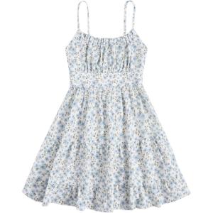 imageGirls Summer Dress Floral Ruffle Hem Spaghetti Strap Ruched Bust Cami Short Dress SundressDusty Blue
