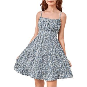 imageGirls Summer Dress Floral Ruffle Hem Spaghetti Strap Ruched Bust Cami Short Dress SundressFloral Blue