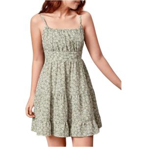 imageGirls Summer Dress Floral Ruffle Hem Spaghetti Strap Ruched Bust Cami Short Dress SundressGreen