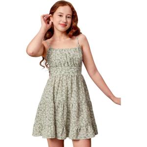 imageGirls Summer Dress Floral Ruffle Hem Spaghetti Strap Ruched Bust Cami Short Dress SundressLight Green