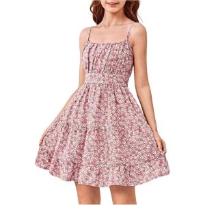 imageGirls Summer Dress Floral Ruffle Hem Spaghetti Strap Ruched Bust Cami Short Dress SundressPink