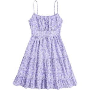 imageGirls Summer Dress Floral Ruffle Hem Spaghetti Strap Ruched Bust Cami Short Dress SundressPurple