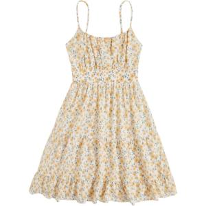 imageGirls Summer Dress Floral Ruffle Hem Spaghetti Strap Ruched Bust Cami Short Dress SundressYellow