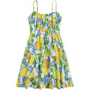imageGirls Summer Dress Floral Ruffle Hem Spaghetti Strap Ruched Bust Cami Short Dress SundressYellow and Blue