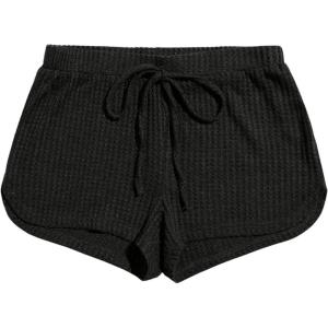 imageWomens Casual Elastic Waist Track Shorts Wide Leg Knot Front Waffle Knit Shorts Workout LoungeBlack