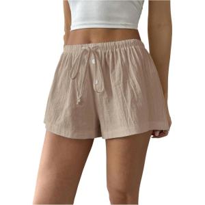imageWomens Drawstring High Waisted Button Front Mini Shorts Loose Wide Leg Track Shorts Casual LoungeKhaki