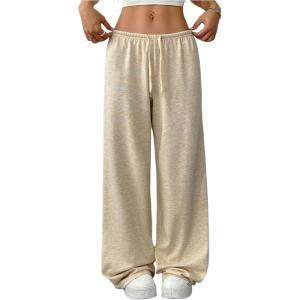 imageWomens Drawstring Waist Straight Streetwear Wide Leg Sweatpants Casual Loose Baggy Workout Long Summer PantsApricot Plain