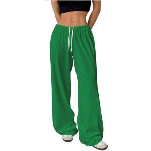 imageWomens Drawstring Waist Straight Streetwear Wide Leg Sweatpants Casual Loose Baggy Workout Long Summer PantsDark Green