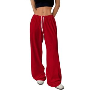 imageWomens Drawstring Waist Straight Streetwear Wide Leg Sweatpants Casual Loose Baggy Workout Long Summer PantsDark Red