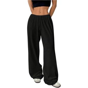imageWomens Drawstring Waist Straight Streetwear Wide Leg Sweatpants Casual Loose Baggy Workout Long Summer PantsDeep Black