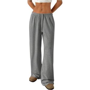 imageWomens Drawstring Waist Straight Streetwear Wide Leg Sweatpants Casual Loose Baggy Workout Long Summer PantsDeep Grey