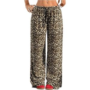 imageWomens Drawstring Waist Straight Streetwear Wide Leg Sweatpants Casual Loose Baggy Workout Long Summer PantsLeopard Brown