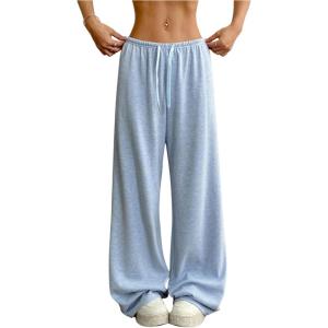 imageWomens Drawstring Waist Straight Streetwear Wide Leg Sweatpants Casual Loose Baggy Workout Long Summer PantsLight Blue