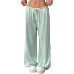 imageWomens Drawstring Waist Straight Streetwear Wide Leg Sweatpants Casual Loose Baggy Workout Long Summer PantsLight Green