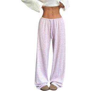 imageWomens Drawstring Waist Straight Streetwear Wide Leg Sweatpants Casual Loose Baggy Workout Long Summer PantsMauve Purple