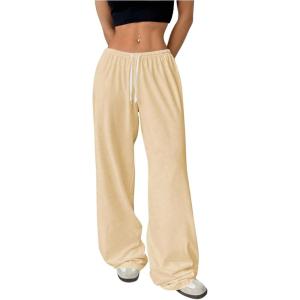 imageWomens Drawstring Waist Straight Streetwear Wide Leg Sweatpants Casual Loose Baggy Workout Long Summer PantsPlain Apricot
