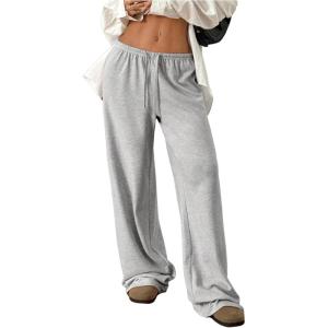 imageWomens Drawstring Waist Straight Streetwear Wide Leg Sweatpants Casual Loose Baggy Workout Long Summer PantsPlain Grey