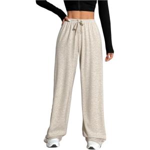 imageWomens Drawstring Waist Straight Streetwear Wide Leg Sweatpants Casual Loose Baggy Workout Long Summer PantsSolid Beige