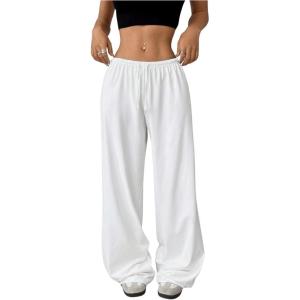 imageWomens Drawstring Waist Straight Streetwear Wide Leg Sweatpants Casual Loose Baggy Workout Long Summer PantsWhite