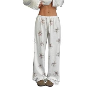 imageWomens Drawstring Waist Straight Streetwear Wide Leg Sweatpants Casual Loose Baggy Workout Long Summer PantsWhite Graphic