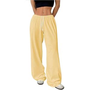 imageWomens Drawstring Waist Straight Streetwear Wide Leg Sweatpants Casual Loose Baggy Workout Long Summer PantsYellow
