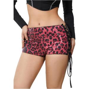 imageWomens Lace Up Rhinestone Leopard Shorts Elastic Low Waist Y2K Bodycon Mini Shorts ClubwearBurgundy