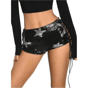 imageWomens Lace Up Rhinestone Leopard Shorts Elastic Low Waist Y2K Bodycon Mini Shorts ClubwearStar Black
