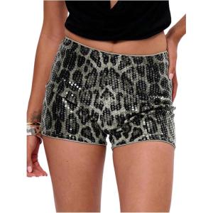 imageWomens Leopard Sequin Mini Shorts Drop Waist Skinny Y2K Shorts Club Rave BottomsBlack