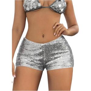 imageWomens Leopard Sequin Mini Shorts Drop Waist Skinny Y2K Shorts Club Rave BottomsSilver