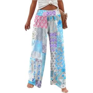 imageWomens Patchwork Graphic Pant Colorblock High Waisted Straight Leg Boho PantsBlue
