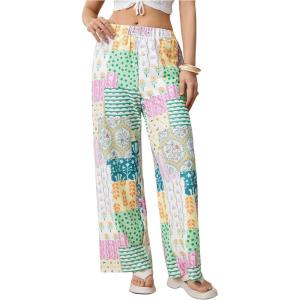 imageWomens Patchwork Graphic Pant Colorblock High Waisted Straight Leg Boho PantsGreen Multicolor
