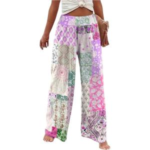 imageWomens Patchwork Graphic Pant Colorblock High Waisted Straight Leg Boho PantsPurple