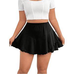 imageWomens Plus Size Skorts Tiered Layer Ruffle Hem Skirts High Waist Lettuce Trim Mini Summer ShortsBlack