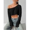 imageWomens Asymmetrical Off Shoulder Crop Tops Long Sleeve Ribbed Knit Lettuce Trim T ShirtsBlack