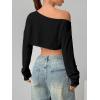 imageWomens Asymmetrical Off Shoulder Crop Tops Long Sleeve Ribbed Knit Lettuce Trim T ShirtsBlack
