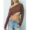 imageWomens Asymmetrical Off Shoulder Crop Tops Long Sleeve Ribbed Knit Lettuce Trim T ShirtsCoffee Brown