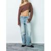 imageWomens Asymmetrical Off Shoulder Crop Tops Long Sleeve Ribbed Knit Lettuce Trim T ShirtsCoffee Brown