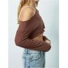 imageWomens Asymmetrical Off Shoulder Crop Tops Long Sleeve Ribbed Knit Lettuce Trim T ShirtsCoffee Brown
