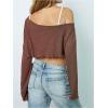 imageWomens Asymmetrical Off Shoulder Crop Tops Long Sleeve Ribbed Knit Lettuce Trim T ShirtsCoffee Brown