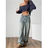 imageWomens Asymmetrical Off Shoulder Crop Tops Long Sleeve Ribbed Knit Lettuce Trim T ShirtsDeep Blue