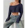 imageWomens Asymmetrical Off Shoulder Crop Tops Long Sleeve Ribbed Knit Lettuce Trim T ShirtsDeep Blue