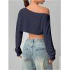 imageWomens Asymmetrical Off Shoulder Crop Tops Long Sleeve Ribbed Knit Lettuce Trim T ShirtsDeep Blue