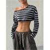imageWomens Asymmetrical Off Shoulder Crop Tops Long Sleeve Ribbed Knit Lettuce Trim T ShirtsGrey
