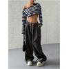 imageWomens Asymmetrical Off Shoulder Crop Tops Long Sleeve Ribbed Knit Lettuce Trim T ShirtsGrey