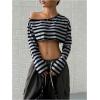 imageWomens Asymmetrical Off Shoulder Crop Tops Long Sleeve Ribbed Knit Lettuce Trim T ShirtsGrey