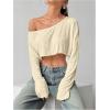 imageWomens Asymmetrical Off Shoulder Crop Tops Long Sleeve Ribbed Knit Lettuce Trim T ShirtsKhaki