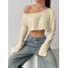 imageWomens Asymmetrical Off Shoulder Crop Tops Long Sleeve Ribbed Knit Lettuce Trim T ShirtsKhaki