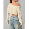 imageWomens Asymmetrical Off Shoulder Crop Tops Long Sleeve Ribbed Knit Lettuce Trim T ShirtsKhaki