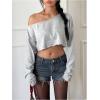 imageWomens Asymmetrical Off Shoulder Crop Tops Long Sleeve Ribbed Knit Lettuce Trim T ShirtsLight Grey
