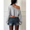 imageWomens Asymmetrical Off Shoulder Crop Tops Long Sleeve Ribbed Knit Lettuce Trim T ShirtsLight Grey